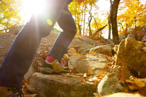 Close-up of a Woman's leg climbing some rocks on a hiking trail in Autumn